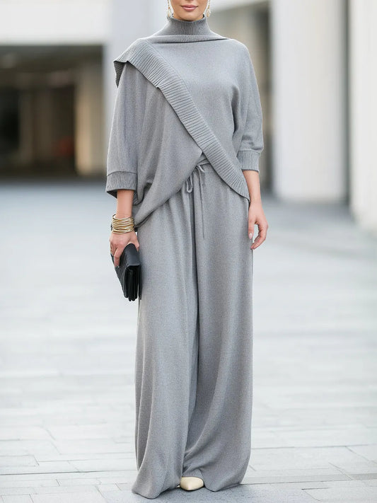 Cowl Neck Batwing Sleeve Knit Top With Wide Leg Pants Set
