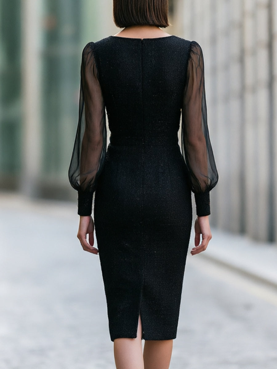 Tweed Midi Dress With Gold Button Detailing And Sheer Puff Sleeves