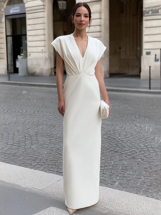 V-Neck Pleated Waist Maxi Dress With Cap Sleeves