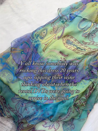 flower printed Gradient Color Splicing Sleeveless Spaghtti-Neck asymmetric ruffled chiffon Maxi Dresses