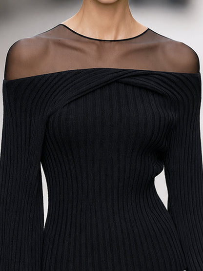 Sheer Mesh Yoke Off-Shoulder Ribbed Knit Sweater
