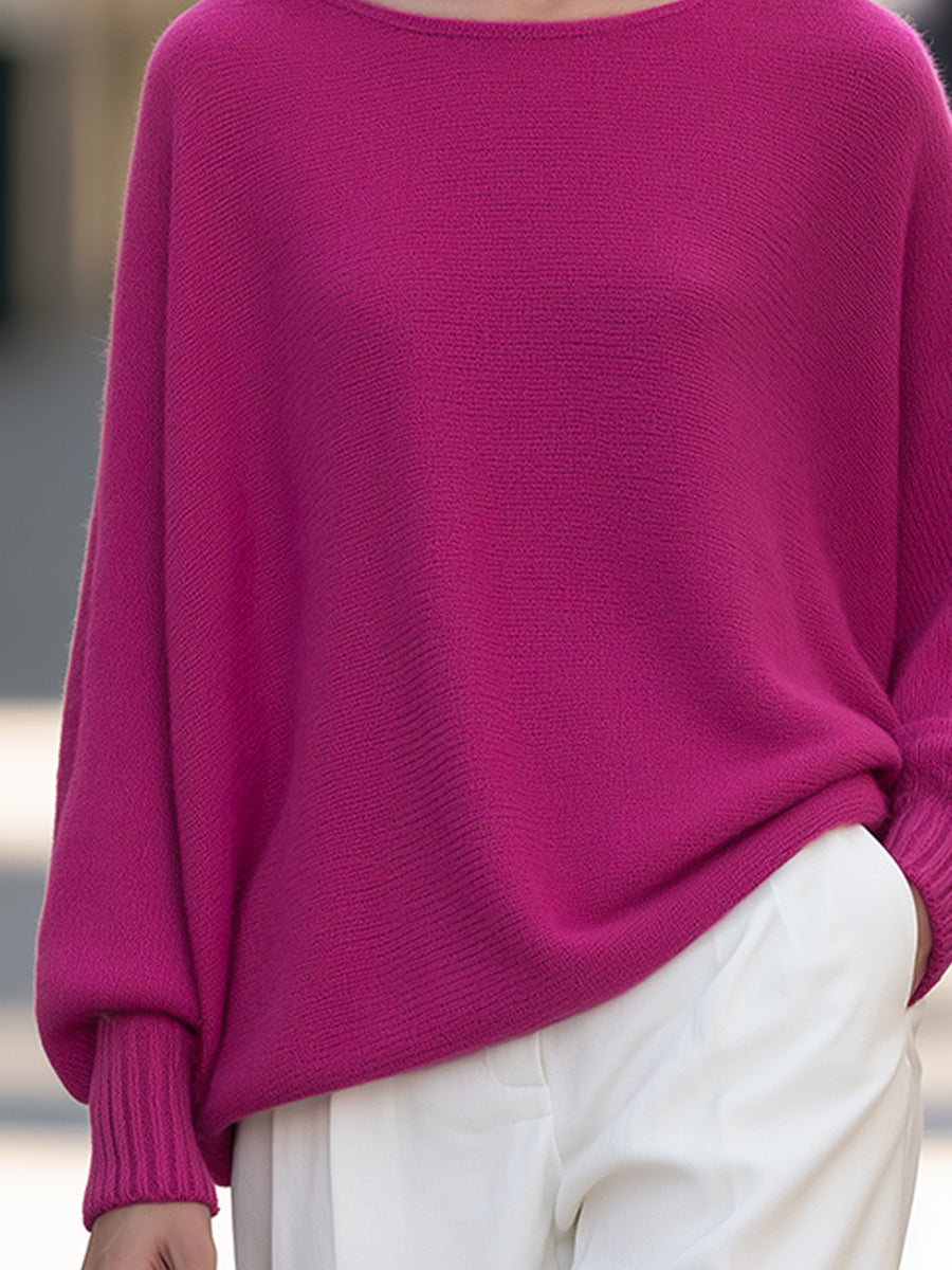 Relaxed Boat Neck Batwing Knit Sweater