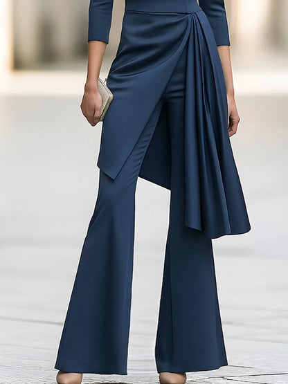 Asymmetric Draped Overlay Mock-Neck Top And Flared Trouser Set