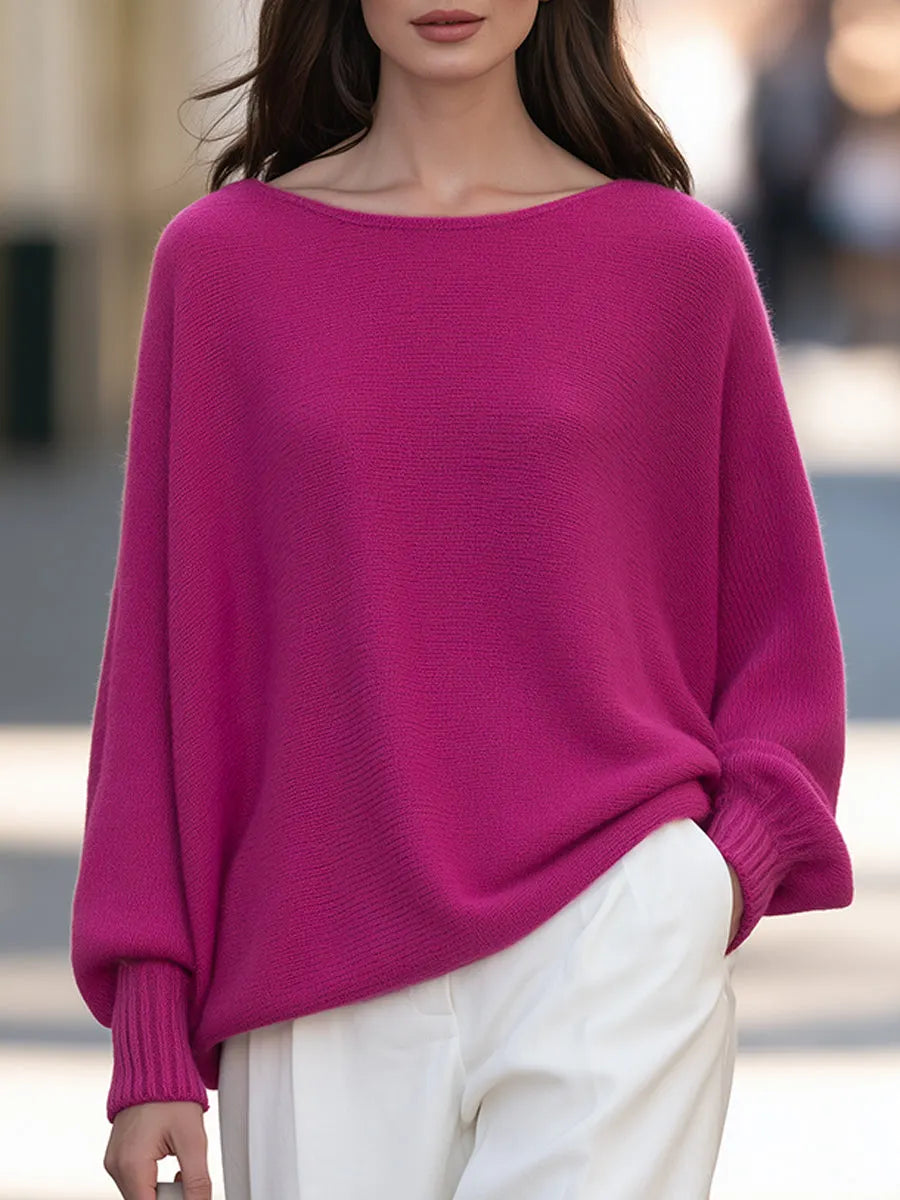 Relaxed Boat Neck Batwing Knit Sweater