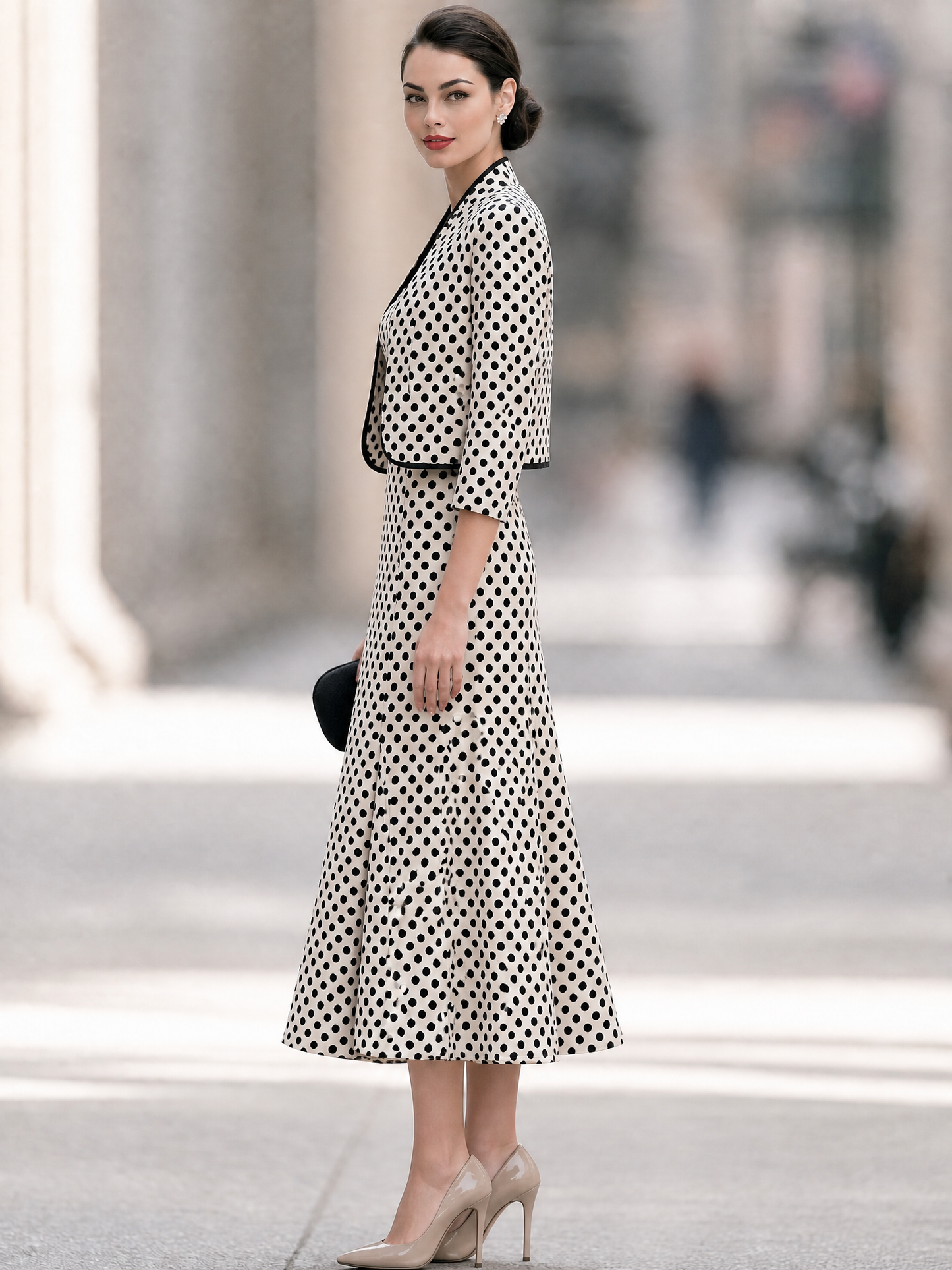Polka Dot Cropped Blazer And Midi Dress Set
