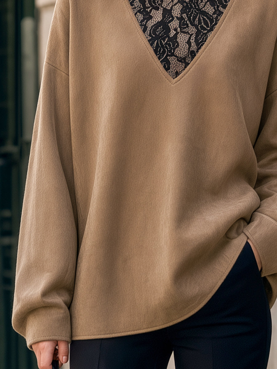 Faux Suede Lace Paneled V-Neck Top