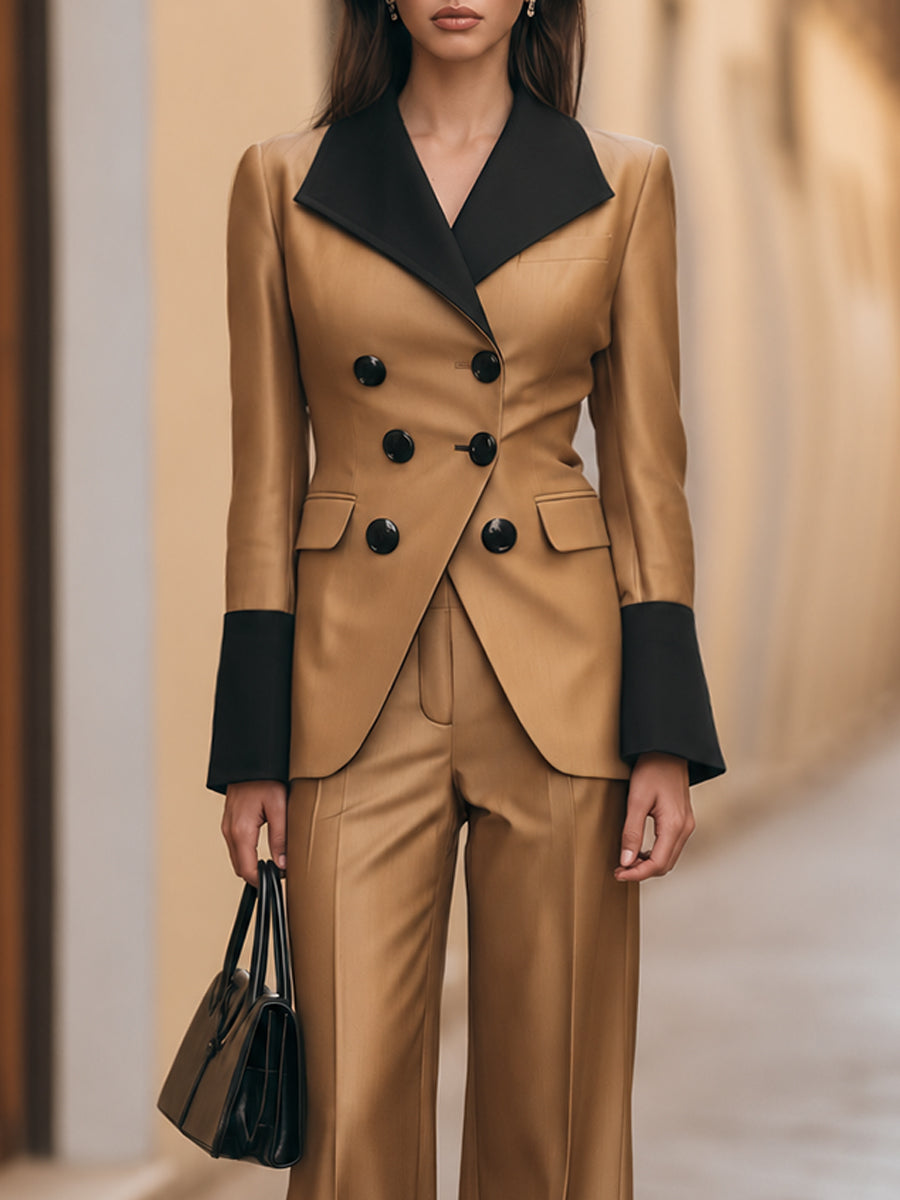 Contrast-Lapel Double-Breasted Wide-Leg Pants Set