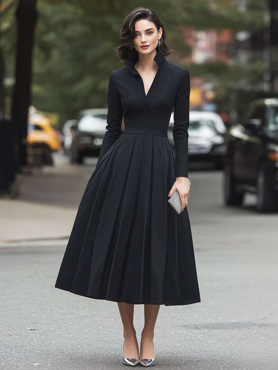 High-Collar V-Neck Pleated Midi Shirt Dress