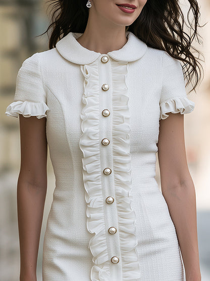 Elegant Ruffle Trim Pearl Button Mini Dress