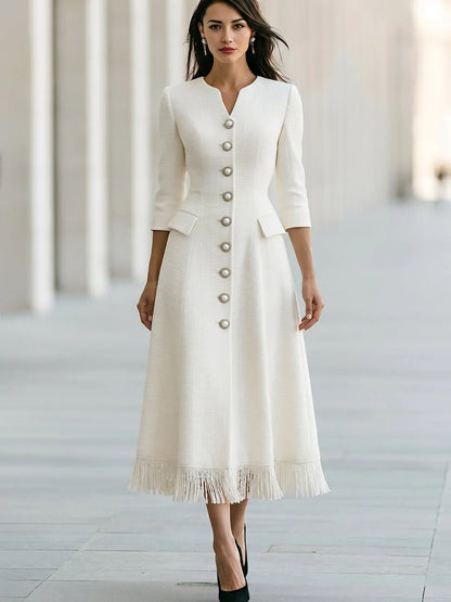 Fringe Hem Pearl Button A-Line Midi Dress