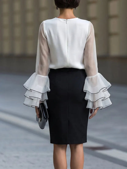 Sheer Ruffle Sleeve Satin Blouse & High-Waist Pencil Skirt Set