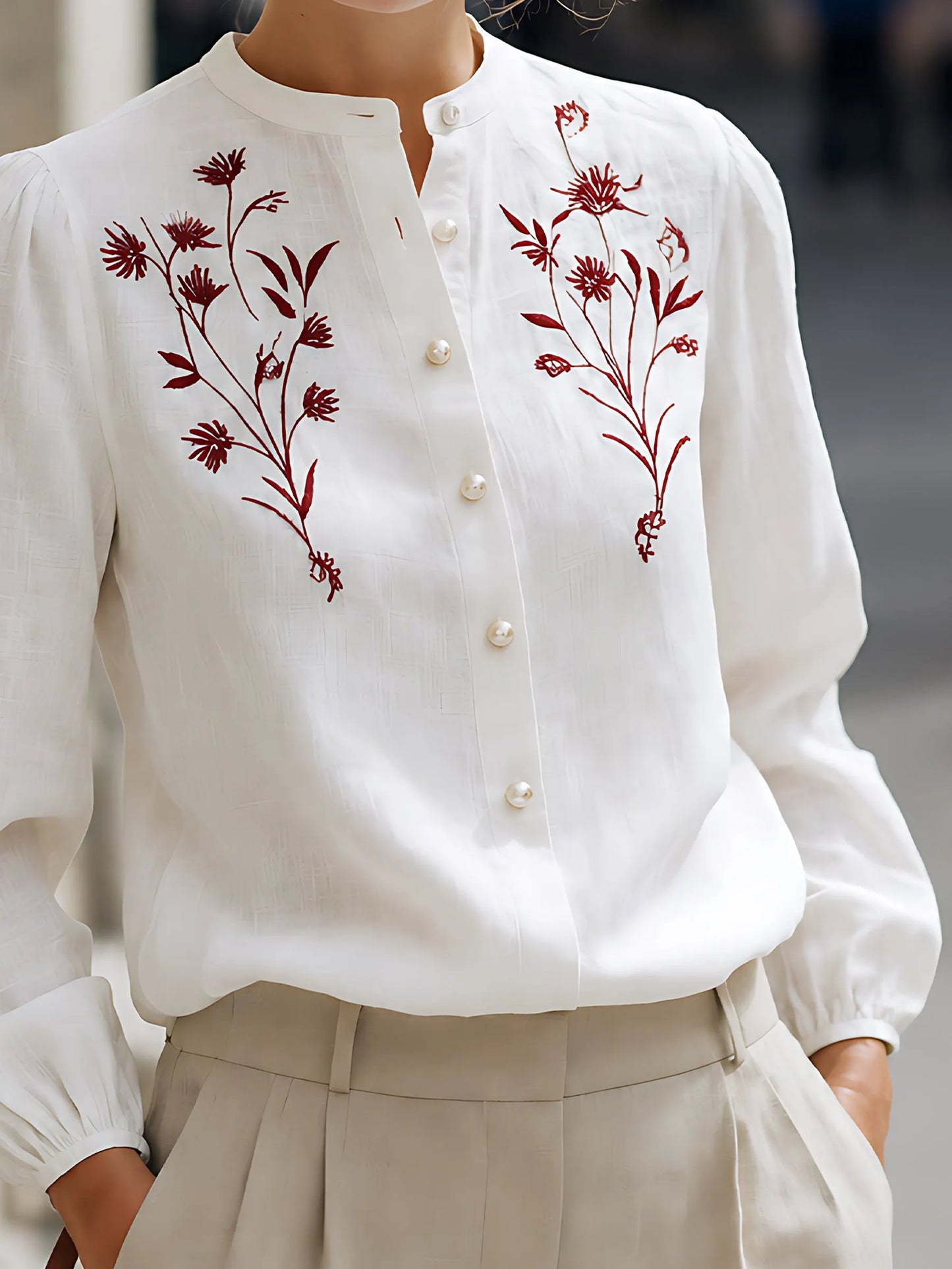Embroidered Linen Button-Up Blouse