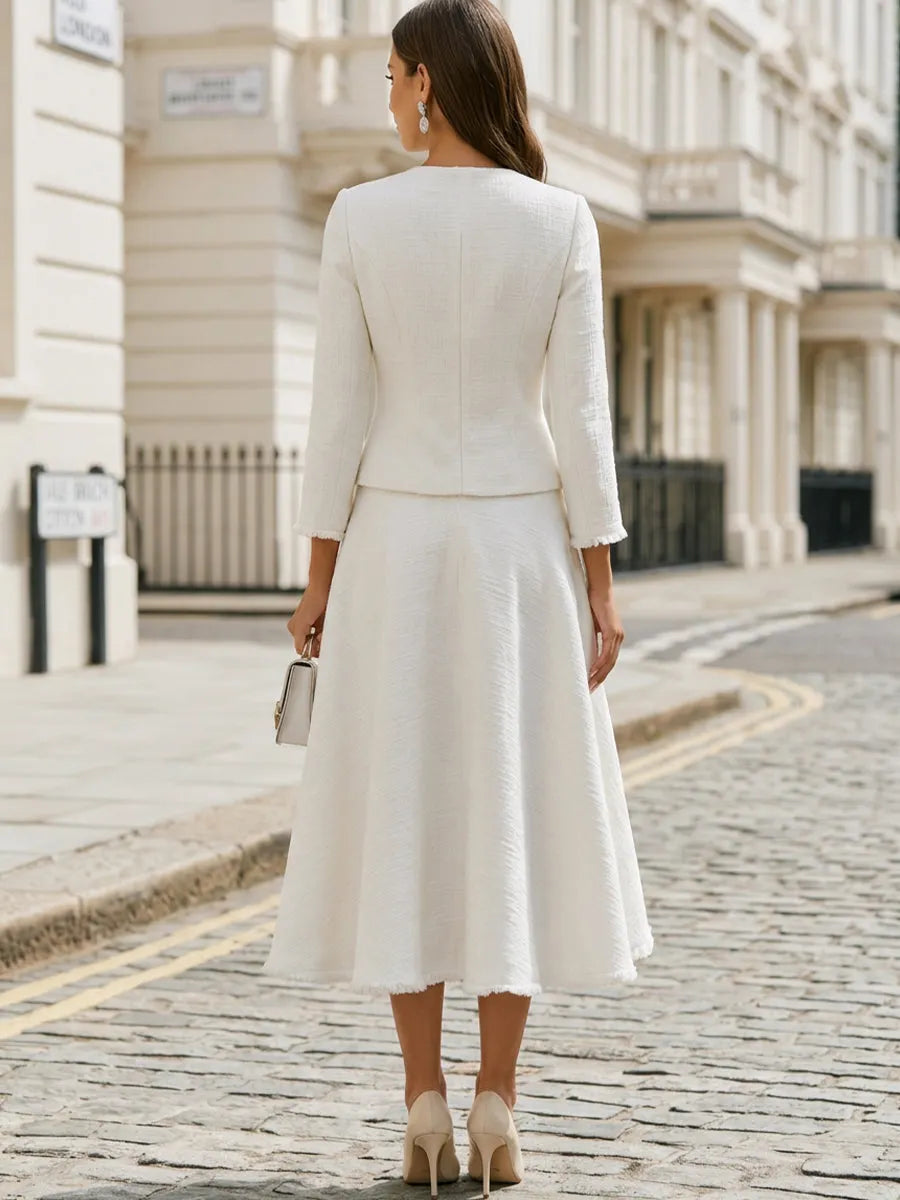 Round Neck Fringe Trim Tweed Jacket & Midi A-Line Skirt Two-Piece  Suit