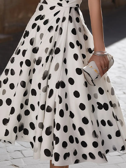 Deep V Wrap Ruched Waist Cap Sleeve Big Polka Dot Flowy Midi Dress