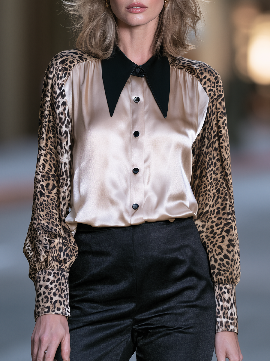 Point-Collar Animal Print Sleeve Button-Front Satin Blouse