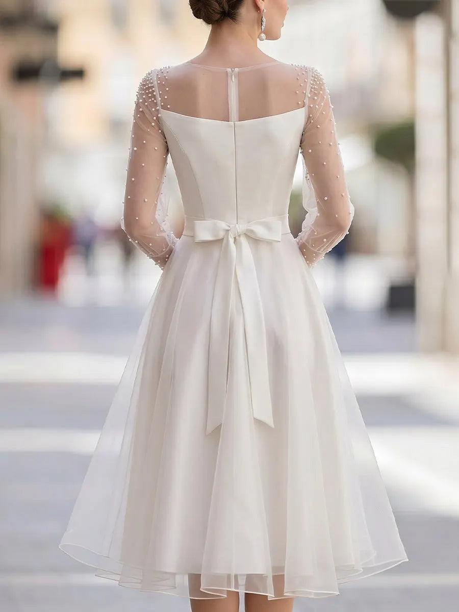 Pearl-Embellished Sheer Tulle Sleeve A-Line Midi Dress