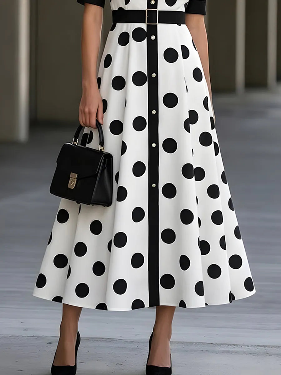 Black And White Polka Dot Shirt Dress (Mid-Length)