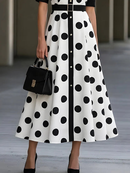 Black And White Polka Dot Shirt Dress (Mid-Length)