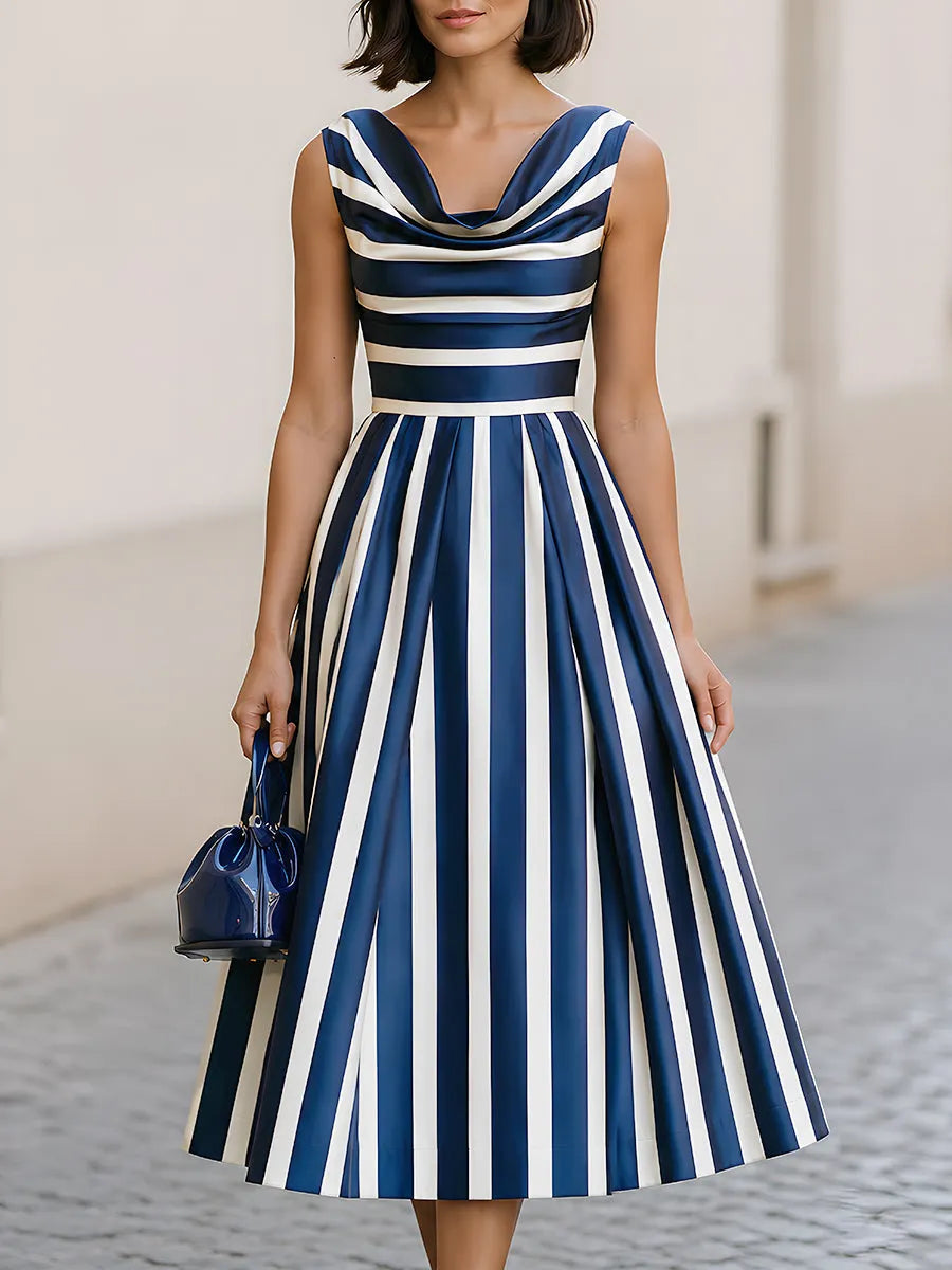 Striped Cowl Neck Midi Dress With Flared Skirt