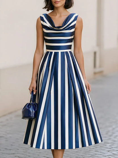 Striped Cowl Neck Midi Dress With Flared Skirt