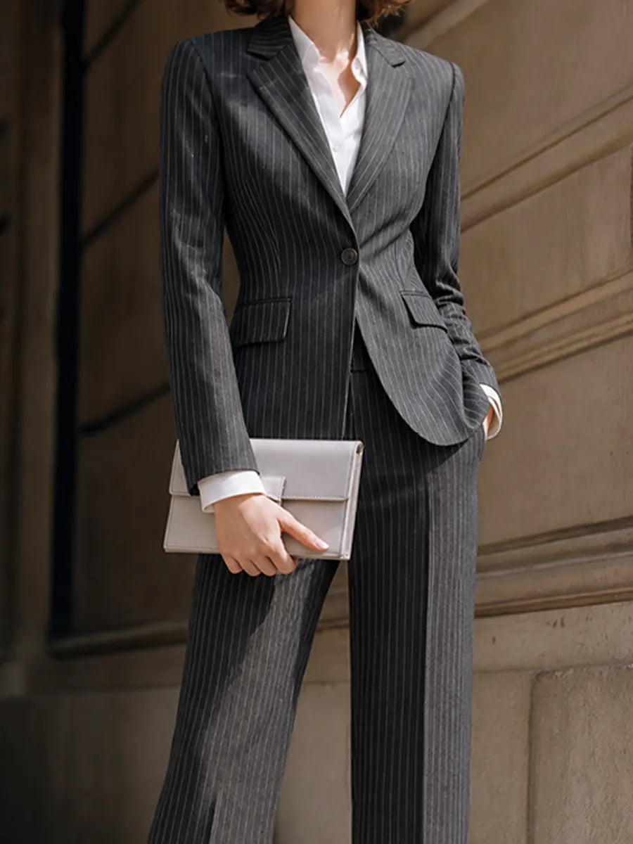 Pinstripe Single-Button Blazer And Wide-Leg Pants Set