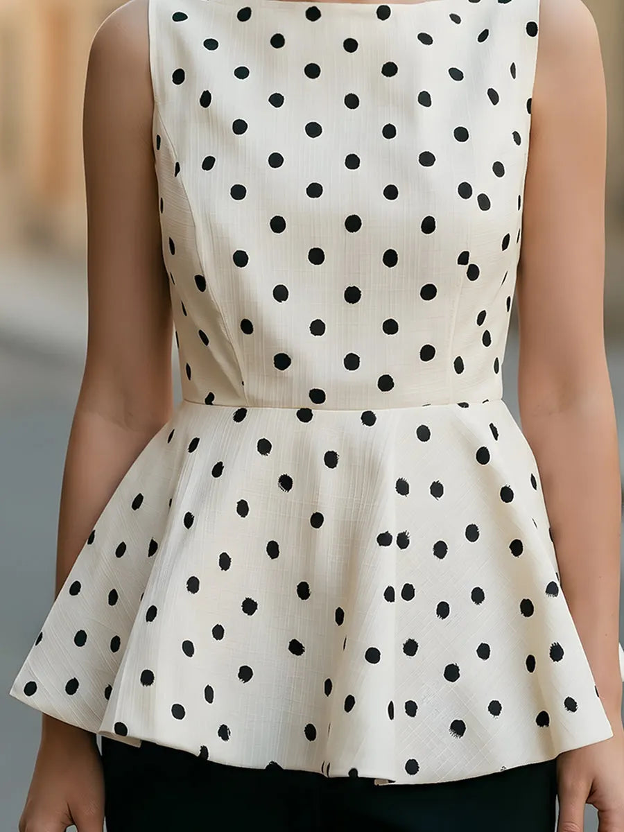 Polka Dot Sleeveless Boat Neck Peplum Top