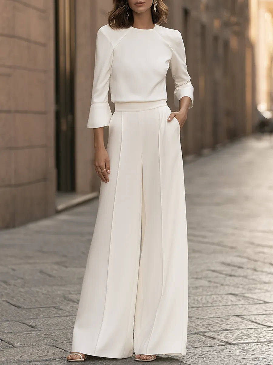 Crew-Neck Flounce-Sleeve Top And Wide-Leg Pants Set