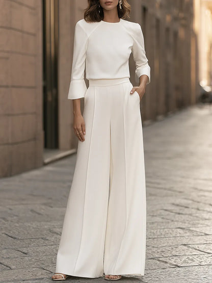 Crew-Neck Flounce-Sleeve Top And Wide-Leg Pants Set