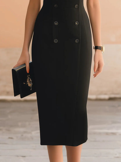 Black Short-Sleeve Blazer-Style Midi Pencil Dress