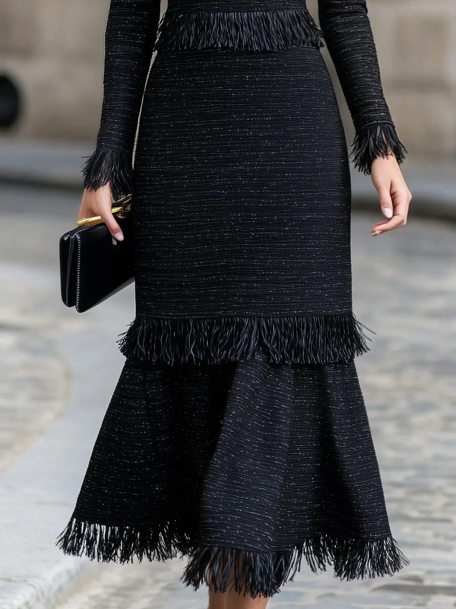 Elegant Tweed Fringe Mermaid Midi Dress