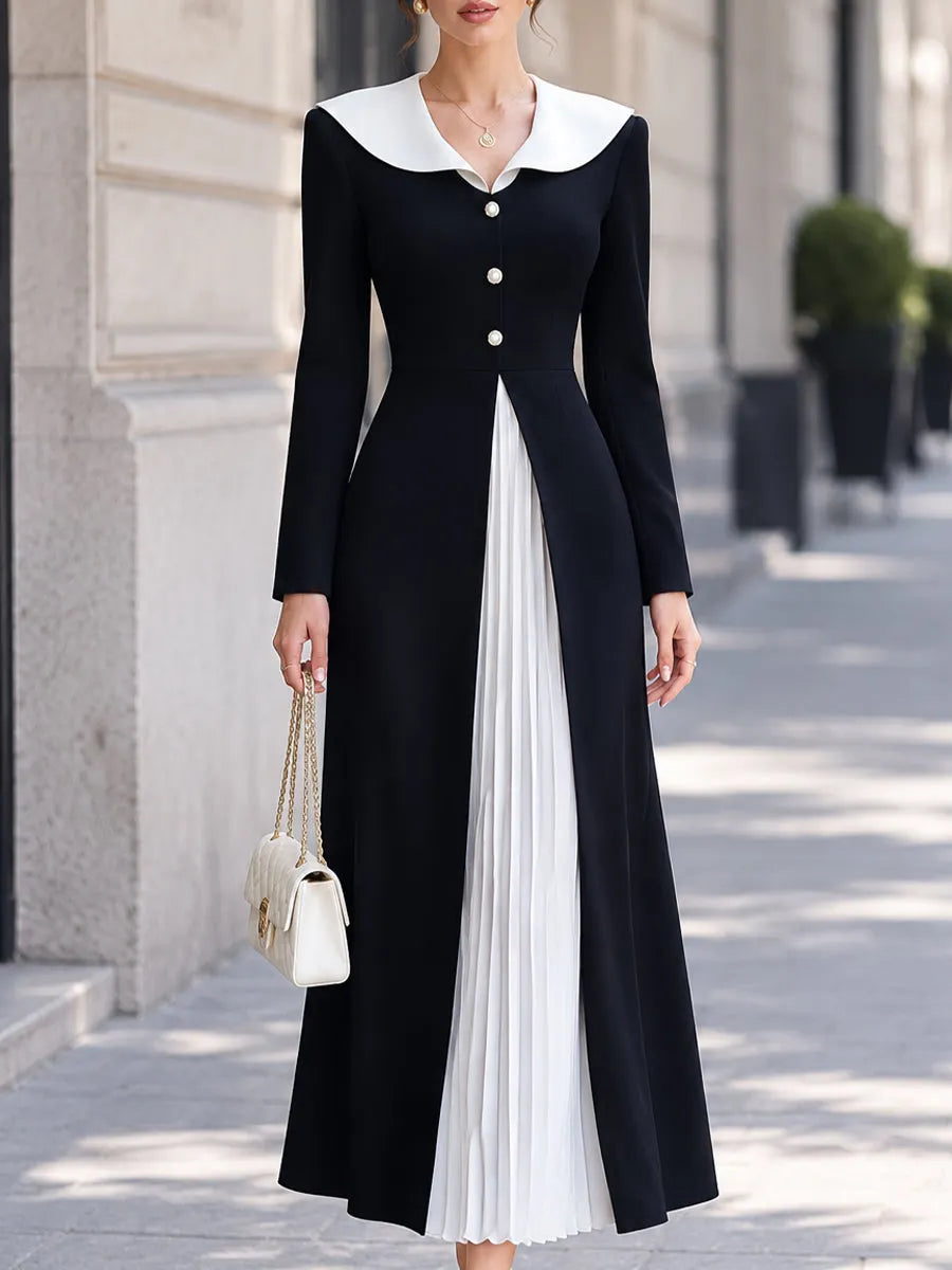 Contrast Sailor Collar Pleated-Panel Maxi Dress
