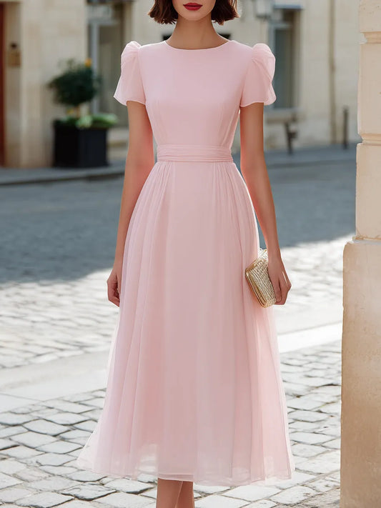 Vestido Midi Evasê de Chiffon com Manga Bufante Curta