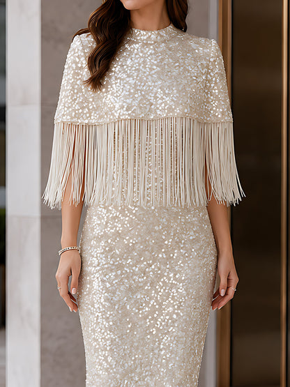 Sequin Fringe Cape Midi Dress