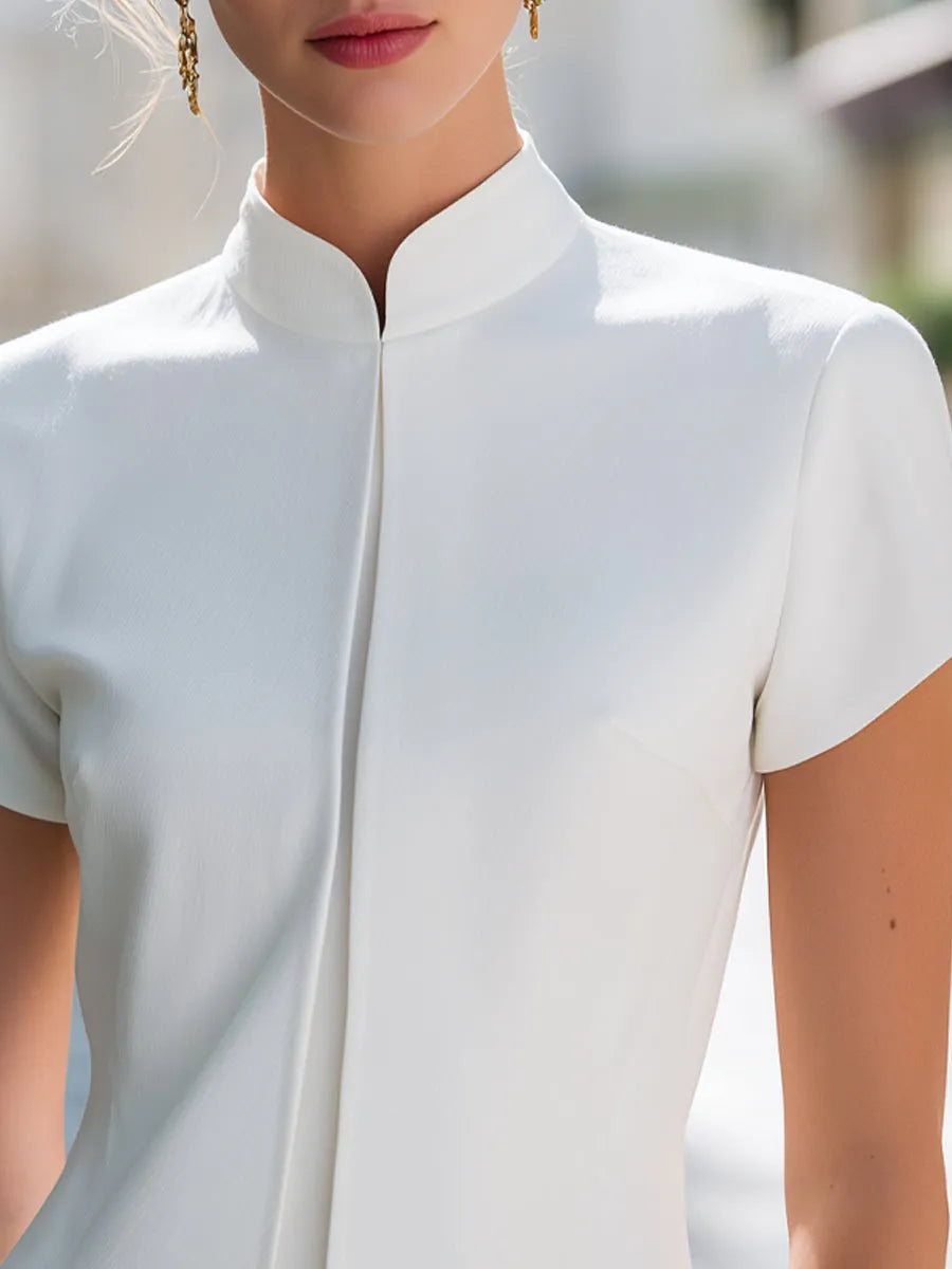 Sculpted Mandarin Collar Short-Sleeve Tailored Top