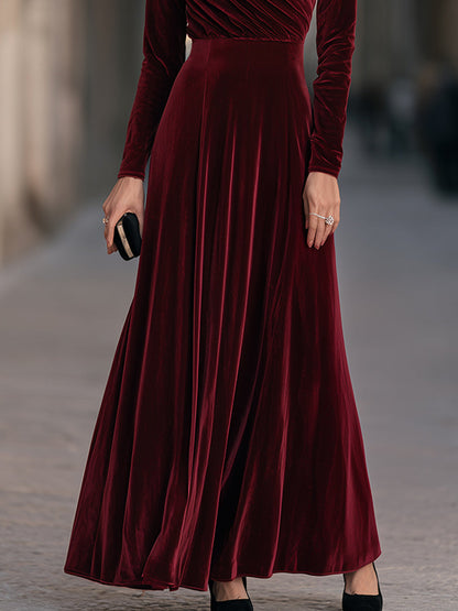 Elegant Ruched Velvet Long-Sleeve Maxi Evening Gown