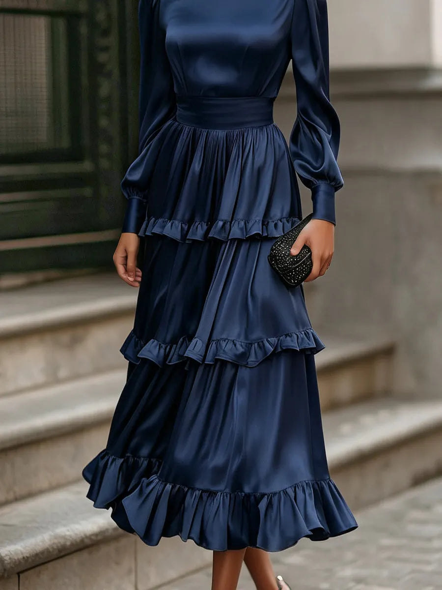 Long Bishop Sleeves Satin Tiered Ruffle Midi Dress