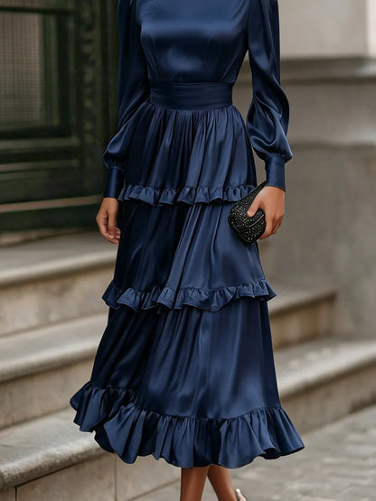 Long Bishop Sleeves Satin Tiered Ruffle Midi Dress