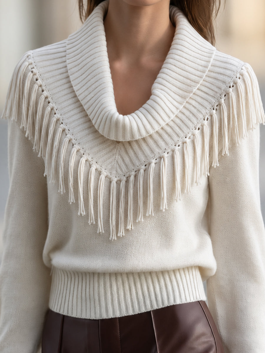 Fringe-Trim Cowl Neck Knit Sweater