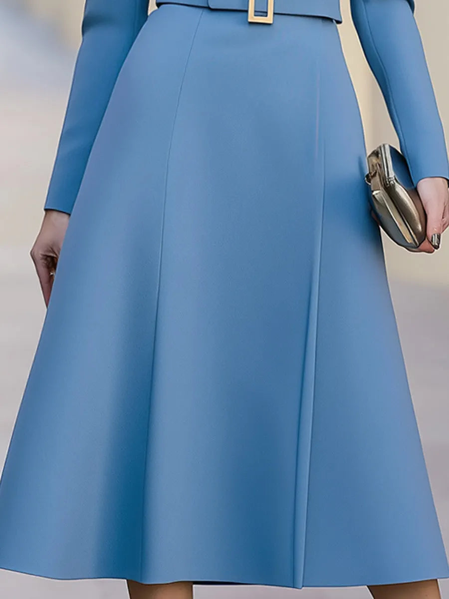 Belted V-Neck Tailored A-Line Midi Dress