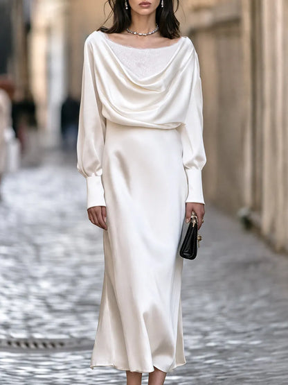 Elegant Draped Satin Cowl Neck Panel Lace Maxi Dress