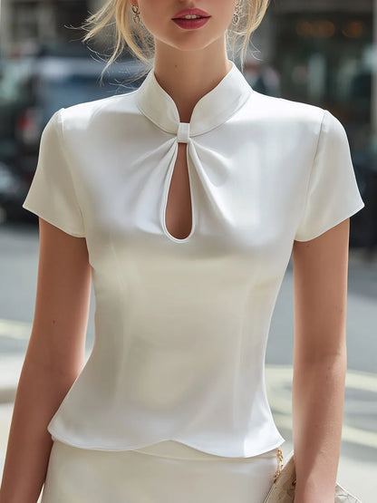 Stand-Collar Keyhole Satin Short-Sleeve Top