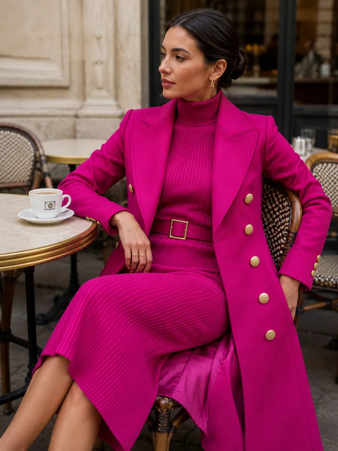 Double-Breasted Maxi Coat And Belted Knit Midi Dress Set