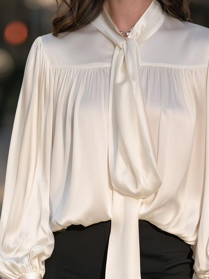 Tie-Neck Yoke-Gathered Balloon Sleeve Satin Blouse