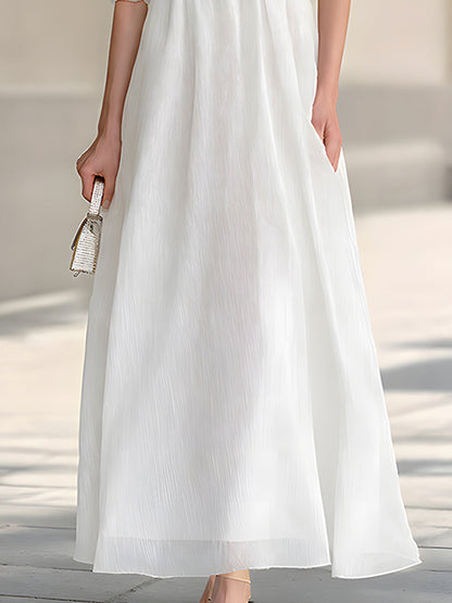 White Pleated Chiffon Wrap Front Puff Sleeve Maxi Dress