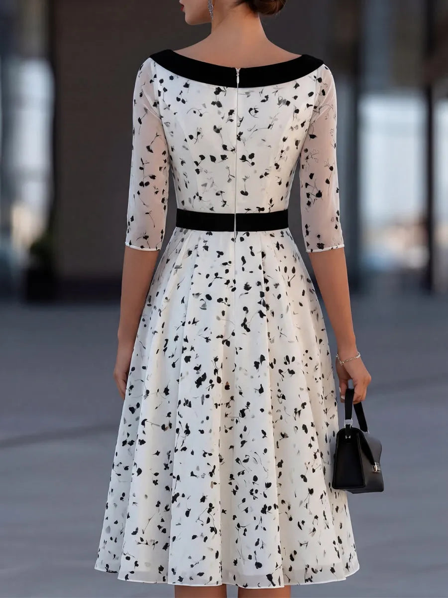 Contrast Waist Sheer Mesh Floral Print Midi Dress