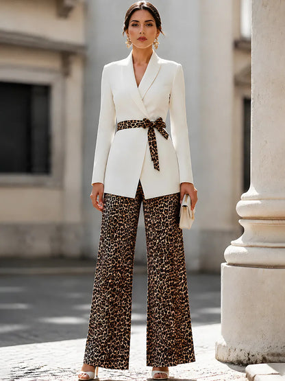 Elegant White Blazer Leopard Print Wide Leg Pants Set