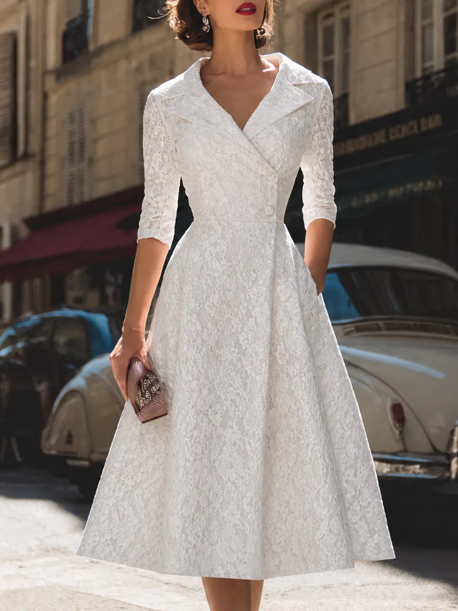 Vintage Lace Notch Collar Fit-and-Flare Midi Dress