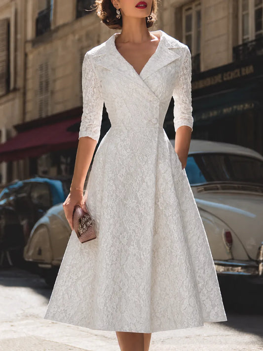 Vintage Lace Notch Collar Fit-and-Flare Midi Dress