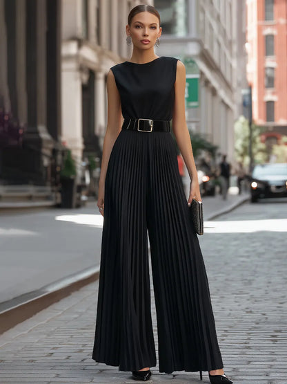 Structured Sleeveless Belted Pleated Wide-Leg Jumpsuit