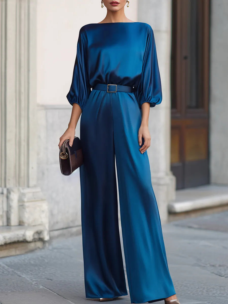 Draped Sleeves Belted Waist Satin Wide-Leg Jumpsuit